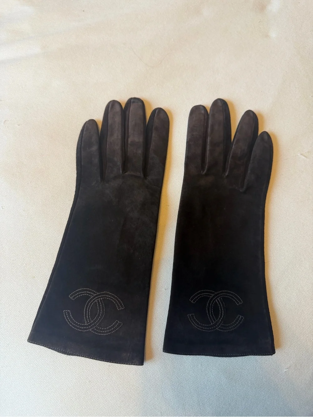 Vintage CHANEL Brown Suede Long Women's Gloves with Embroidered CC